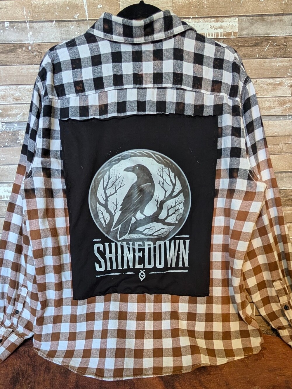 Shinedown Graphic Upcycled Handcrafted Dip Dyed Bleached Flannel Shirt